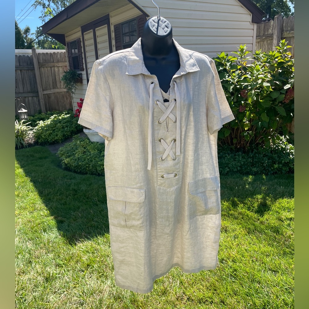 Chicos‎ womens linen shift dress size large 12 metallic gold natural minimalist